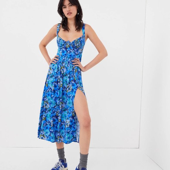 FOR LOVE & LEMONS Astor Floral Print Midi Dress In Blue NWT - Picture 1 of 10